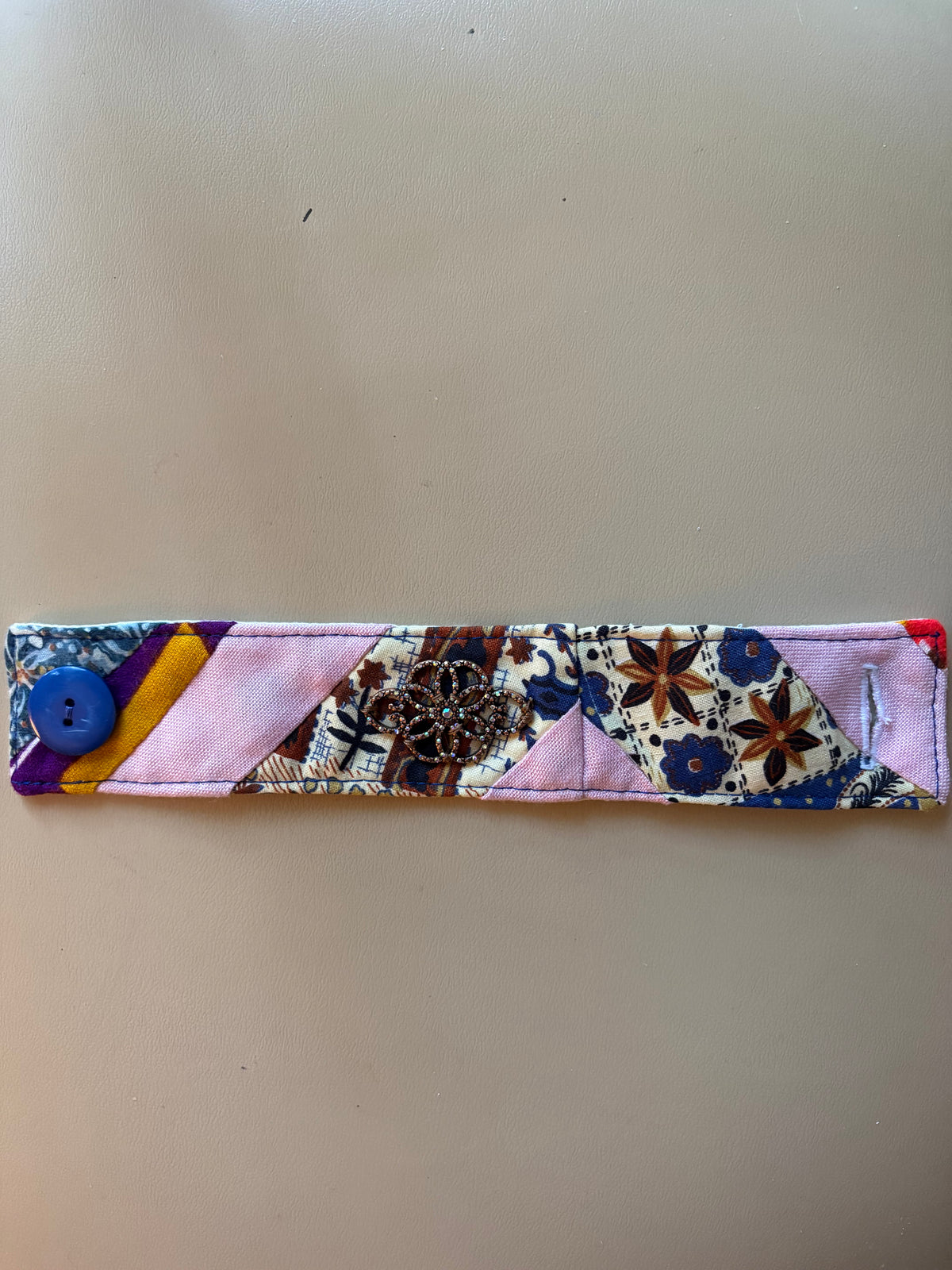 Unique Handmade Vintage Quilt Bracelet with Pink & Brown Tones