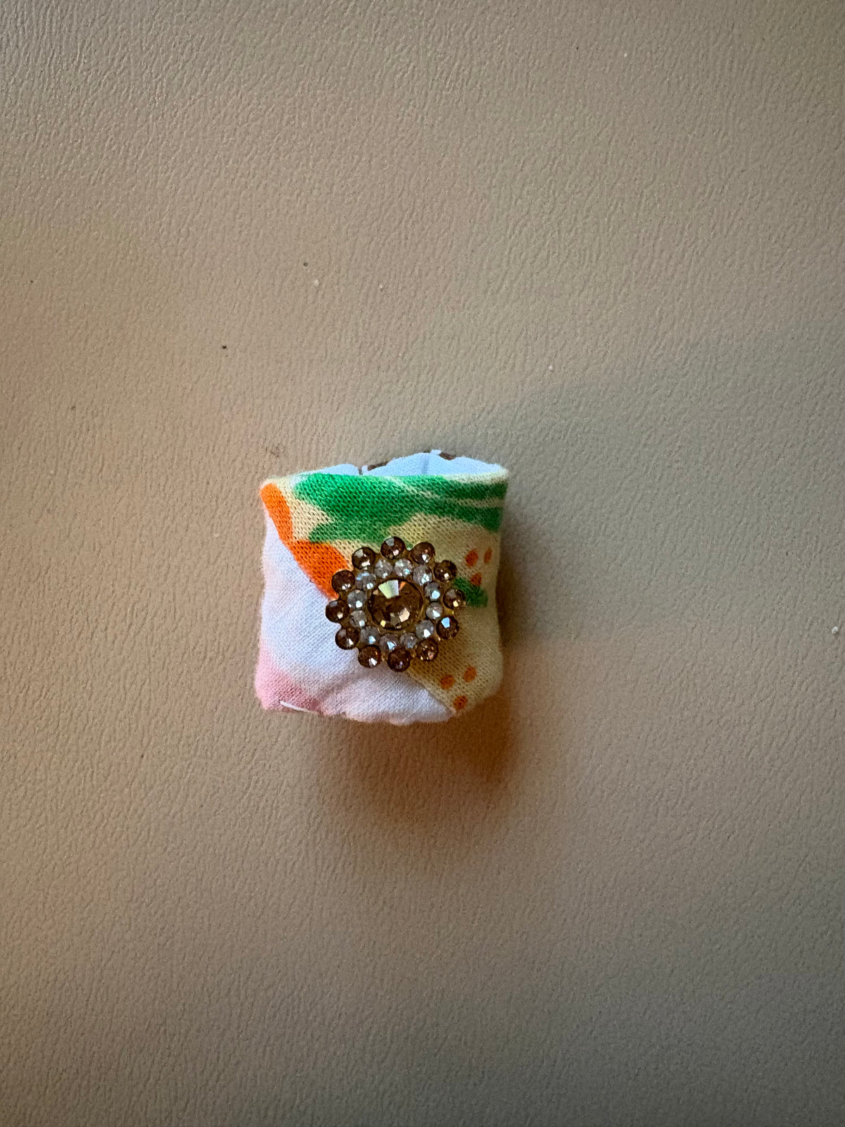 Green and Yellow Fabric Quilted Ring with Bling
