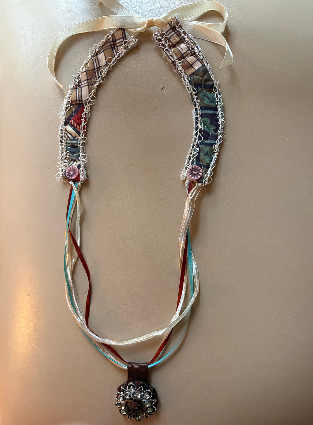 Vintage Quilt Necklace with Brown Adornment