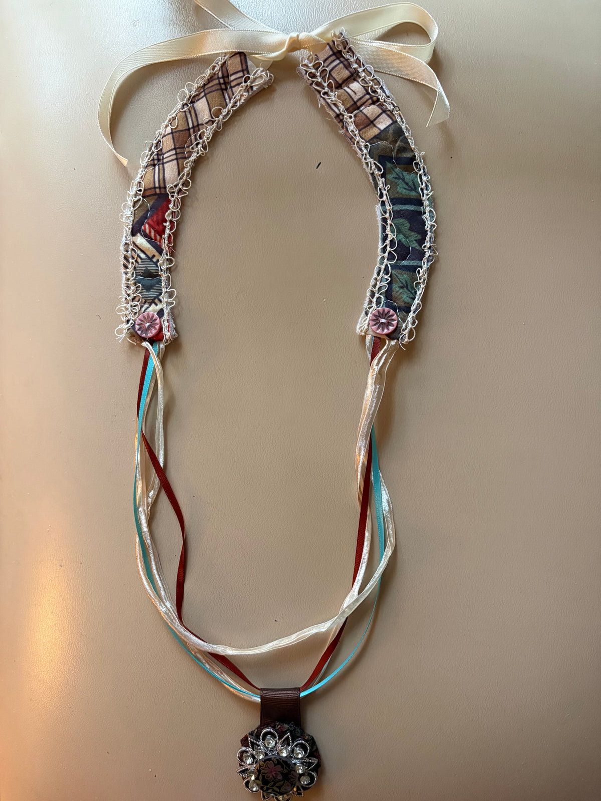 Vintage Quilt Necklace with Brown Adornment