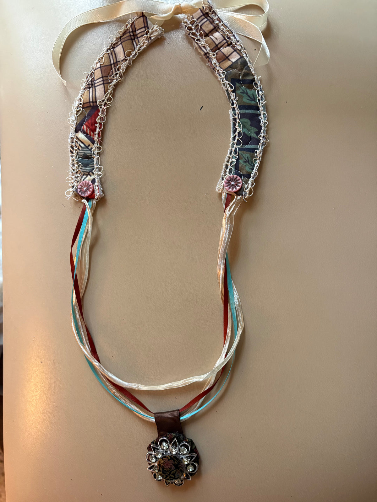 Vintage Quilt Necklace with Brown Adornment