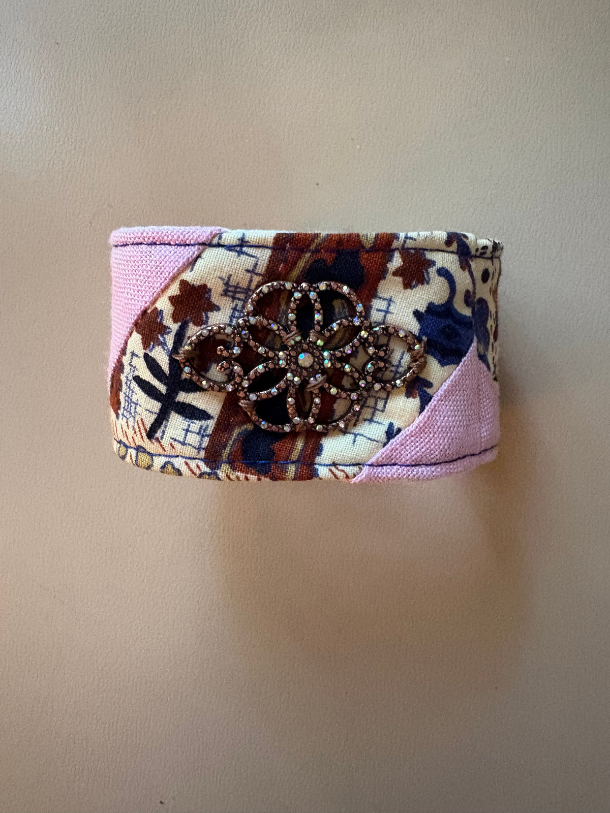 Unique Handmade Vintage Quilt Bracelet with Pink & Brown Tones