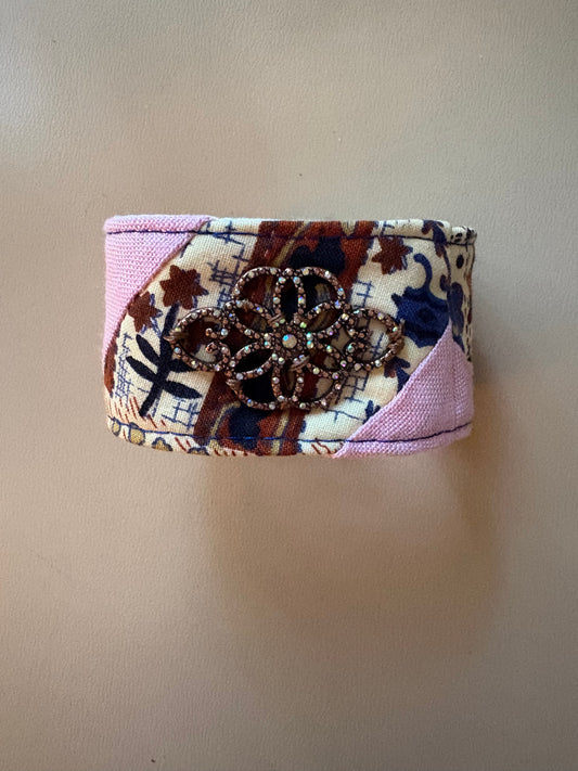 Unique Handmade Vintage Quilt Bracelet with Pink & Brown Tones