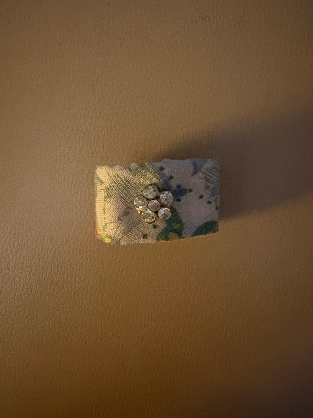 Light Colored Fabric Quilt Ring with Rhinestones