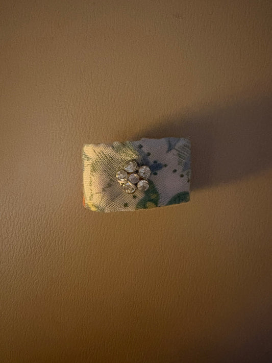 Light Colored Fabric Quilt Ring with Rhinestones