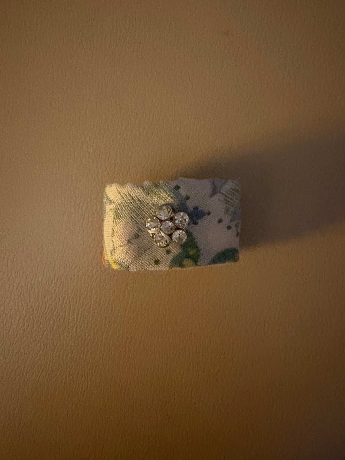 Light Colored Fabric Quilt Ring with Rhinestones