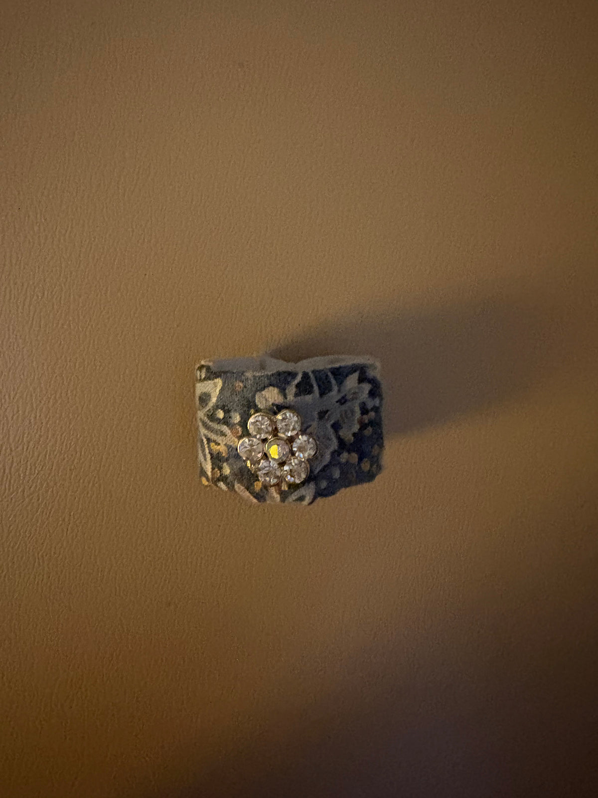Blue Fabric Quilt Ring with Rhinestones