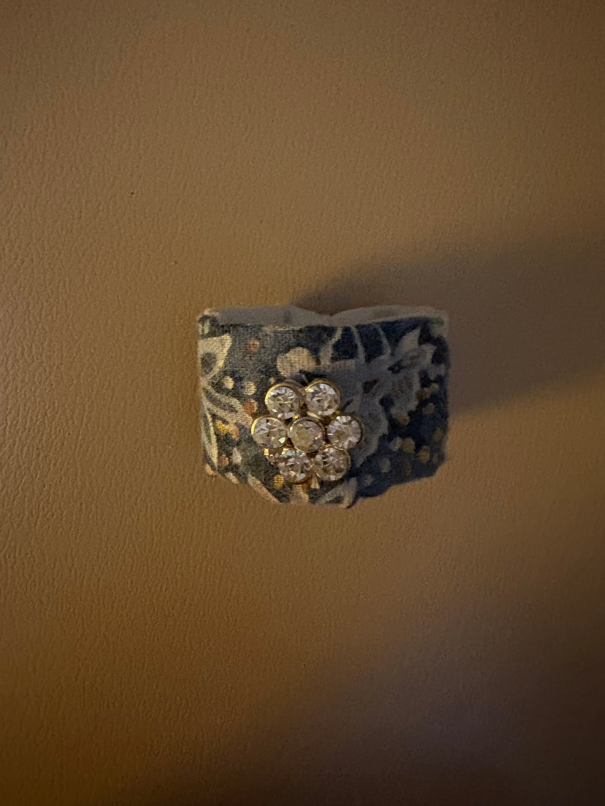 Blue Fabric Quilt Ring with Rhinestones