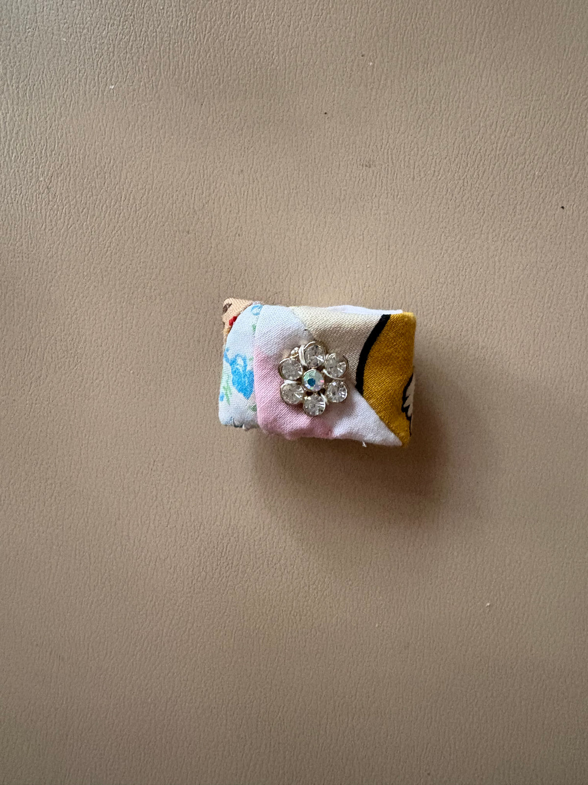 Unique Colorful Fabric Quilted Ring with Rhinestone Bling
