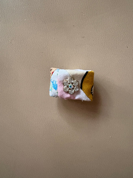 Unique Colorful Fabric Quilted Ring with Rhinestone Bling