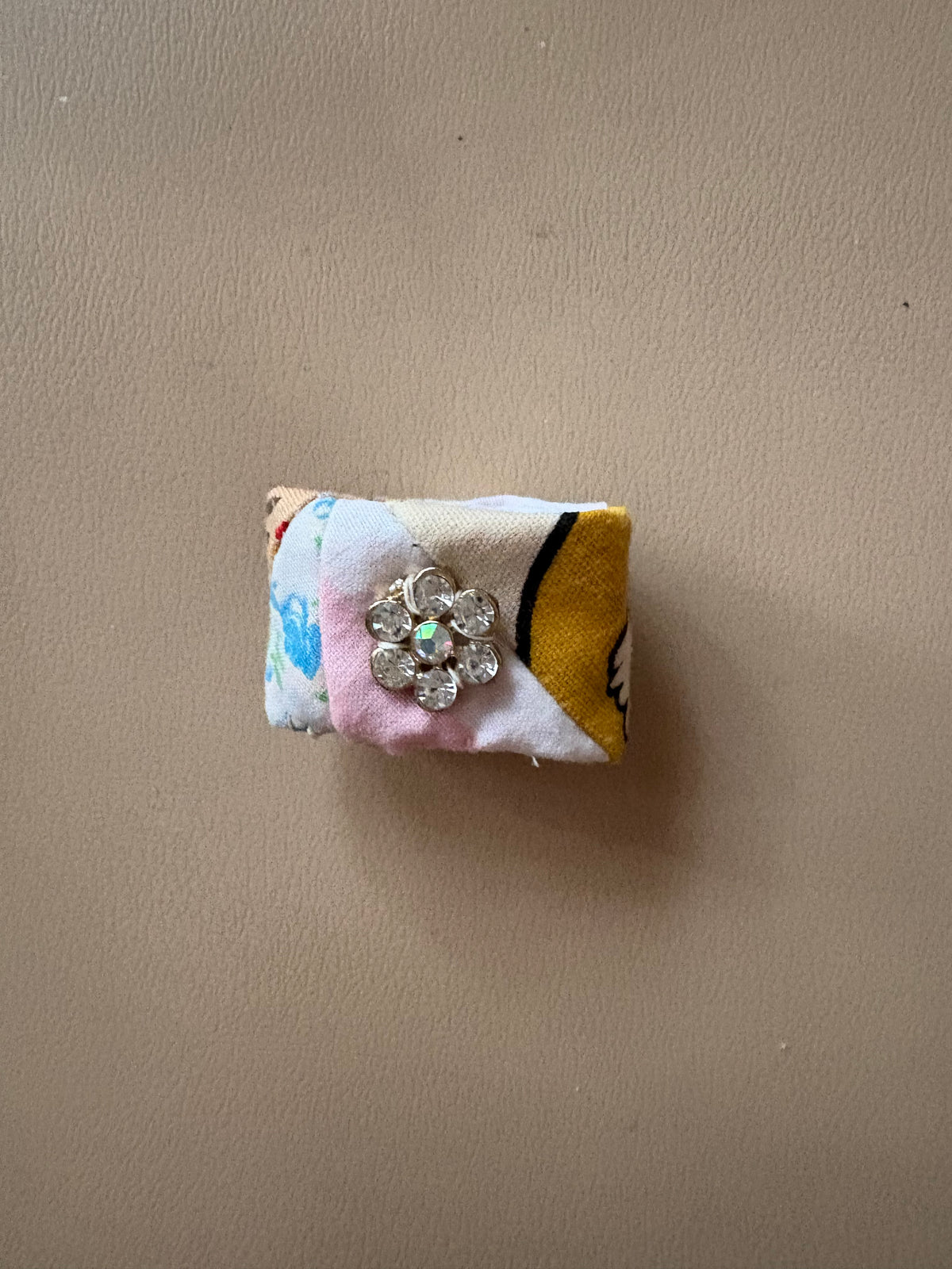 Unique Colorful Fabric Quilted Ring with Rhinestone Bling