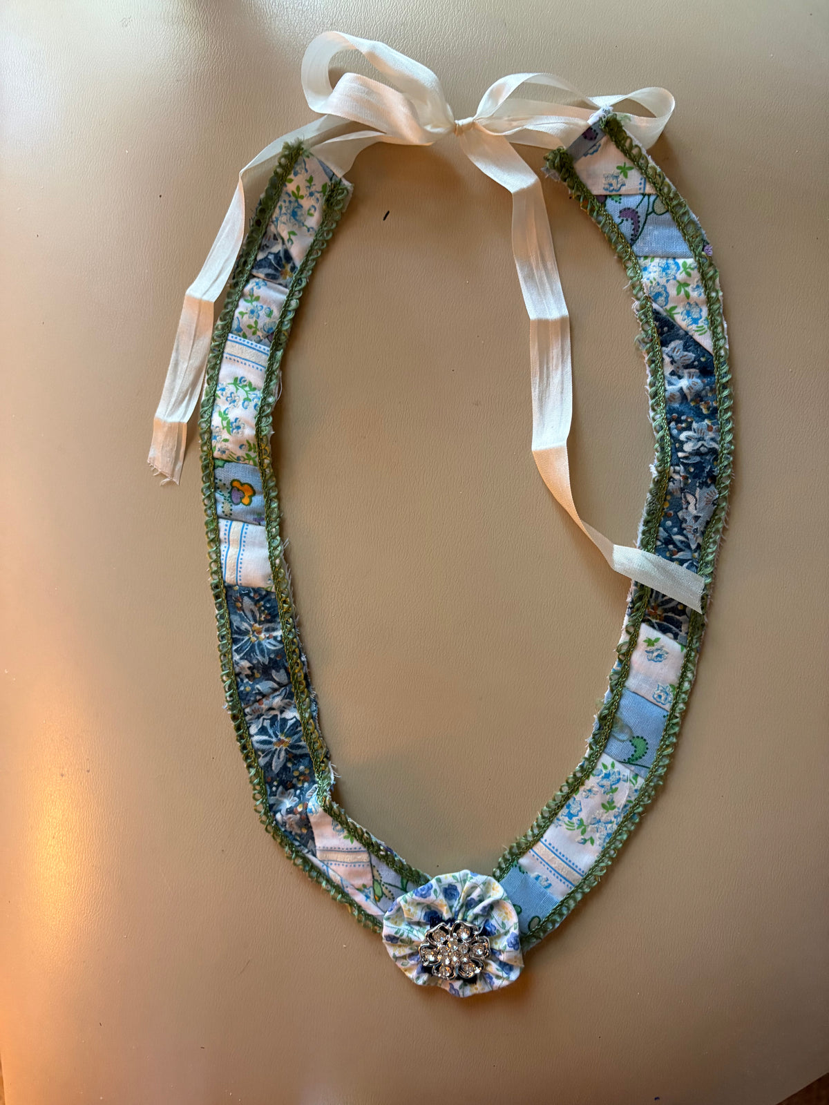 Green/Blue/White Vintage Quilt Necklace with Bling