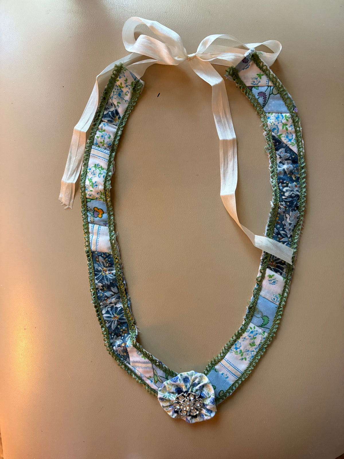 Green/Blue/White Vintage Quilt Necklace with Bling