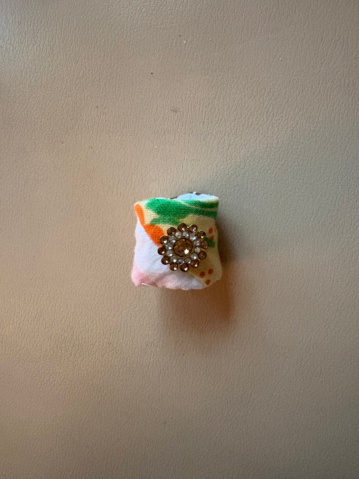 Green and Yellow Fabric Quilted Ring with Bling