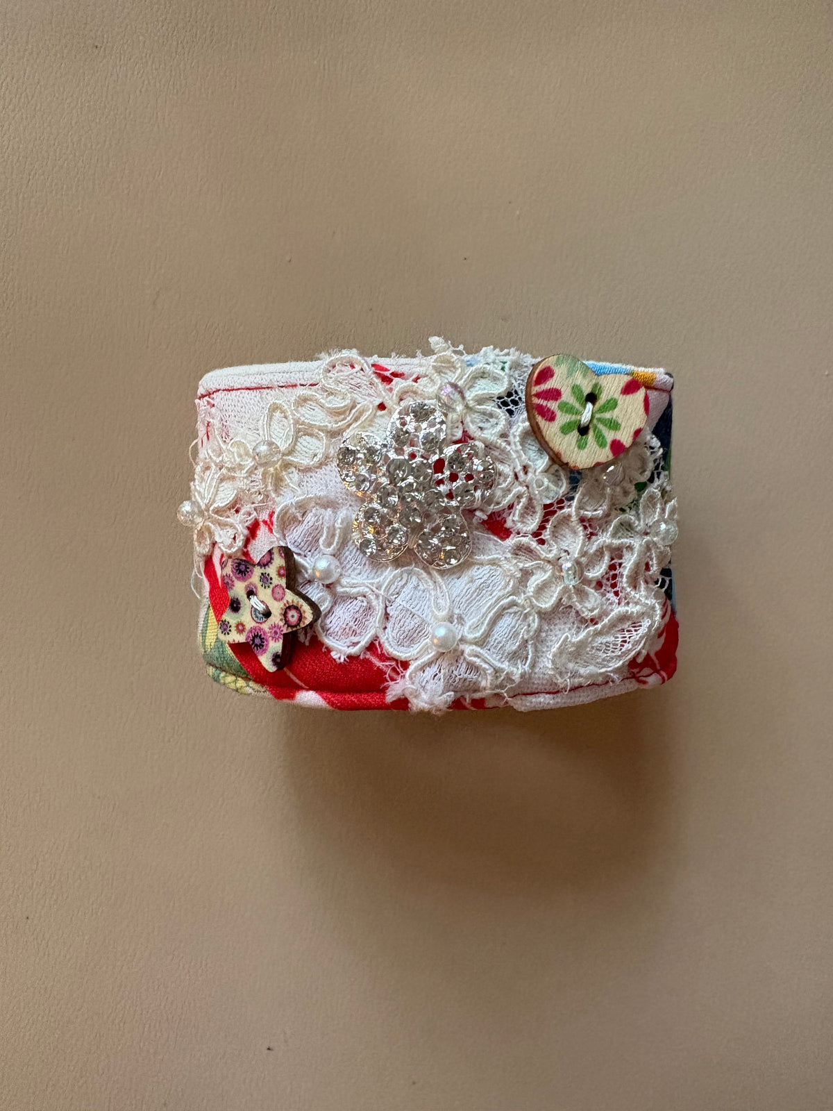 Pearl, Lace, Rhinestone Quilted Cuff Bracelet