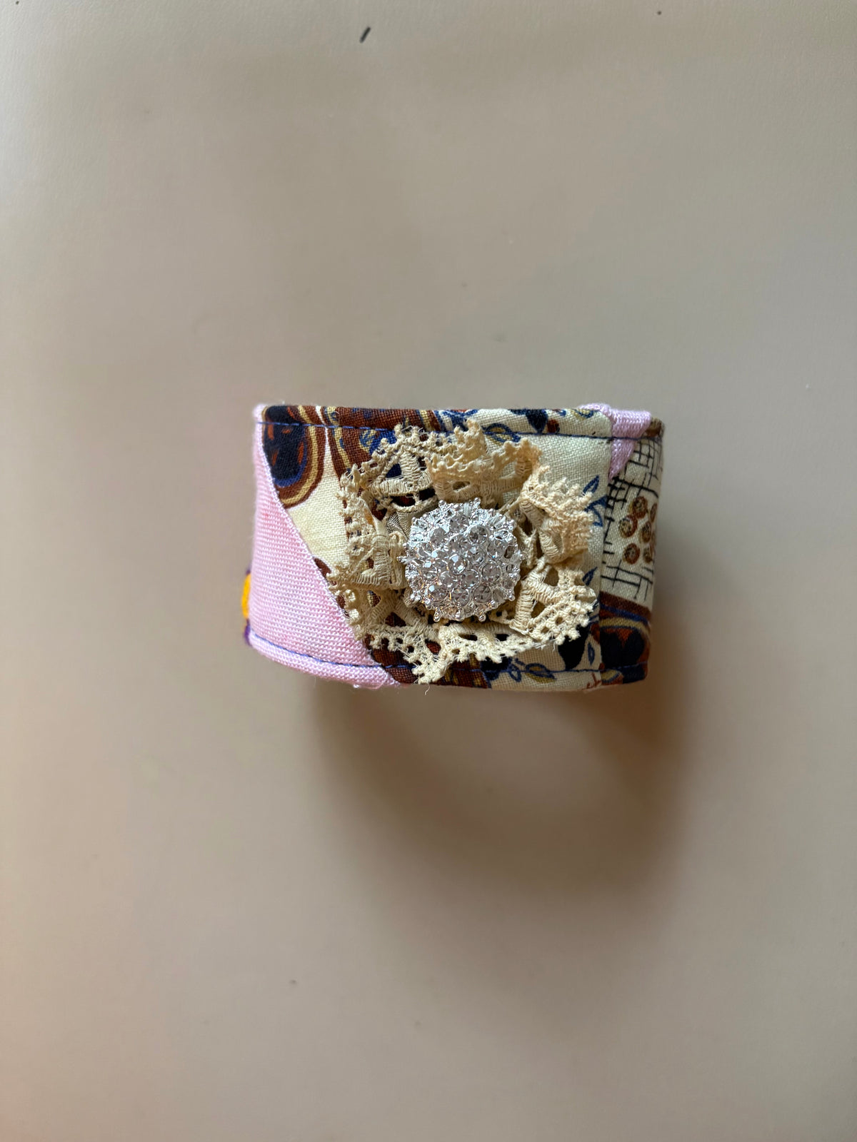 Lace & Rhinestone Quilted Cuff Bracelet w/Pink & Brown