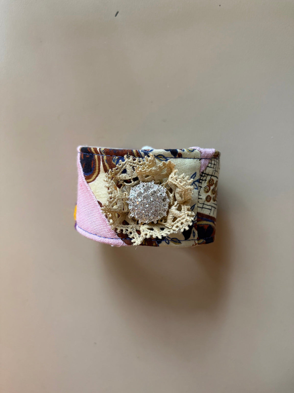 Lace & Rhinestone Quilted Cuff Bracelet w/Pink & Brown