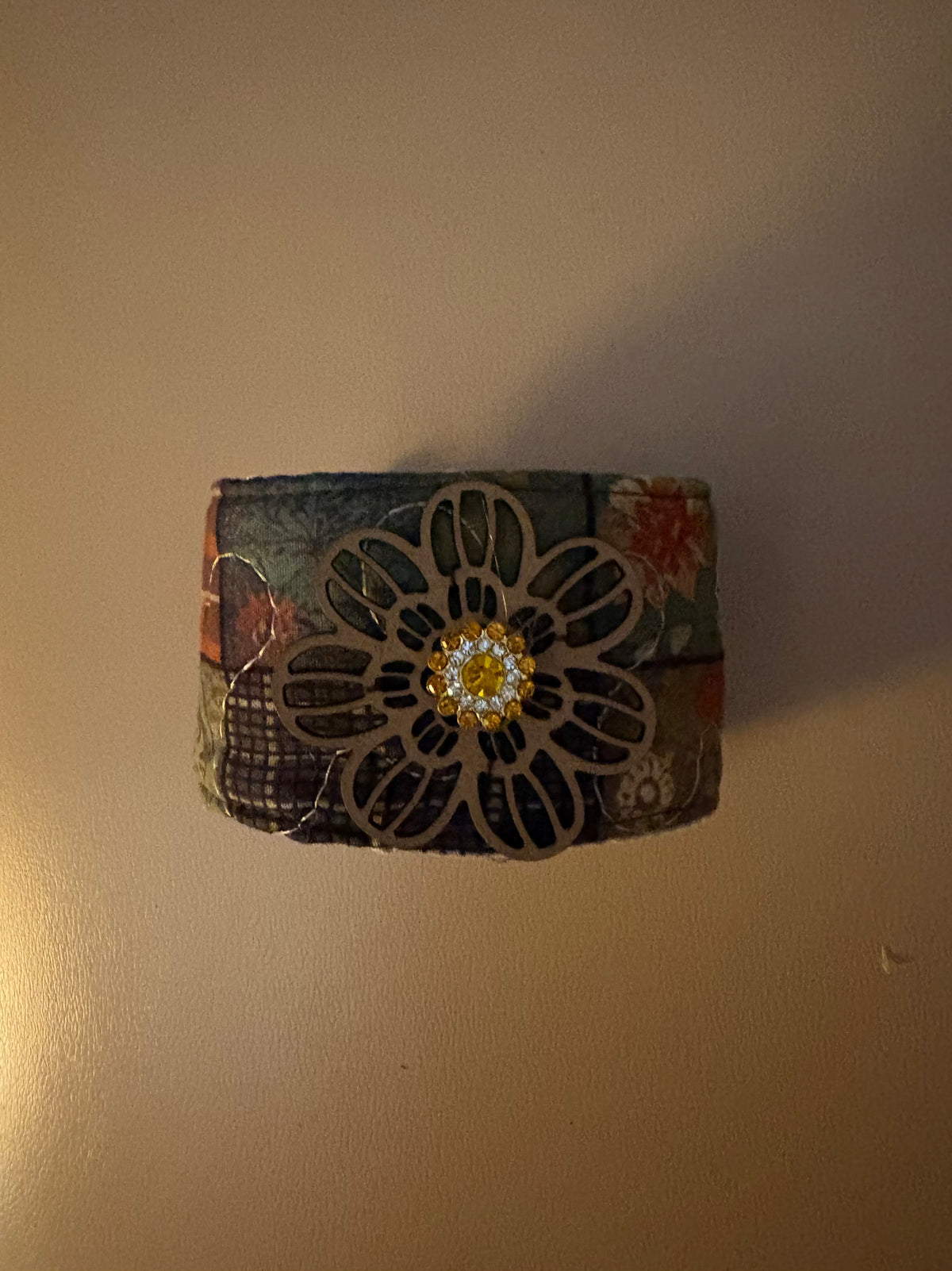 Quilted Fall Bracelet with Wood Flower & Jewel Adornment