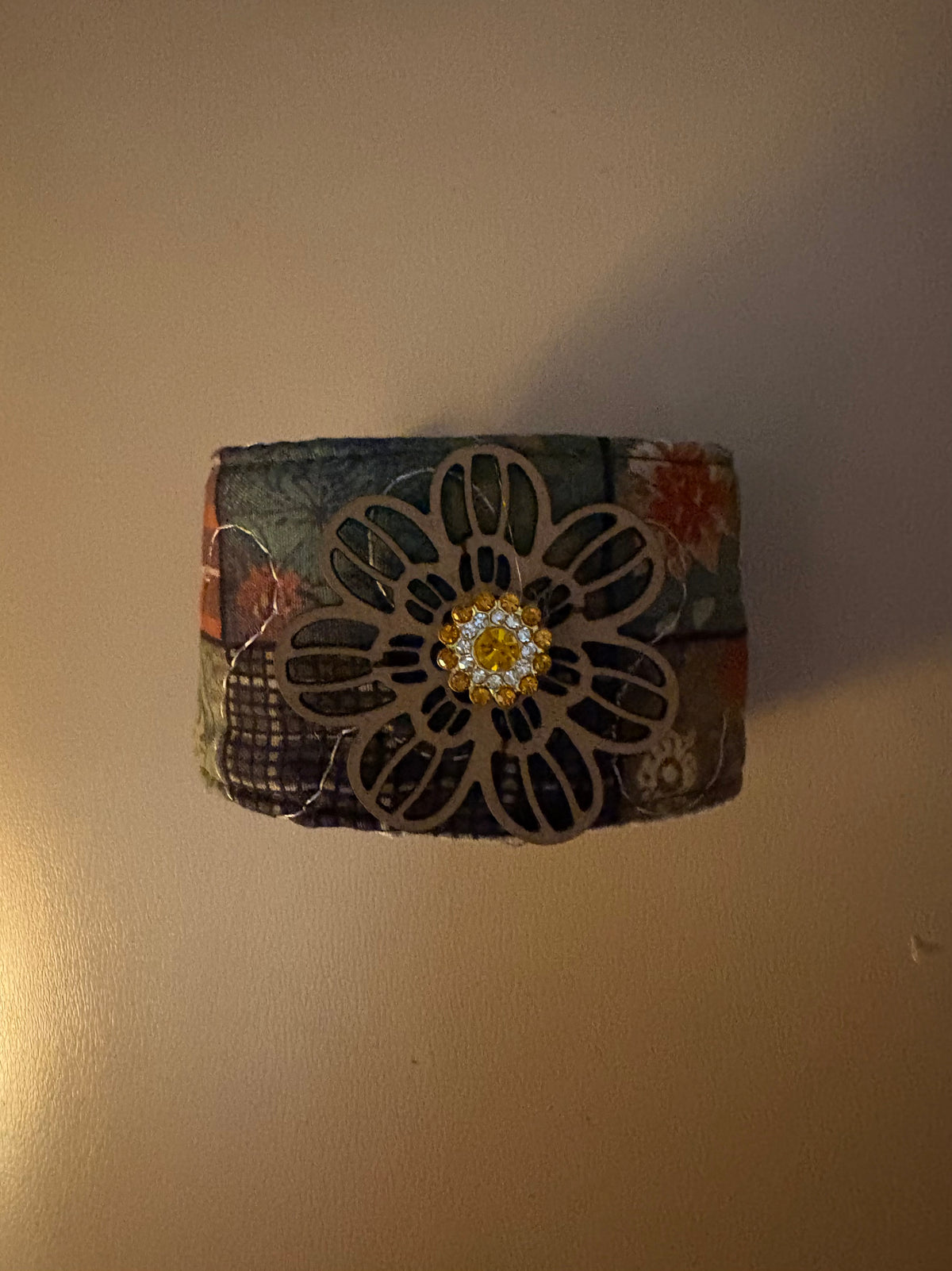 Quilted Fall Bracelet with Wood Flower & Jewel Adornment