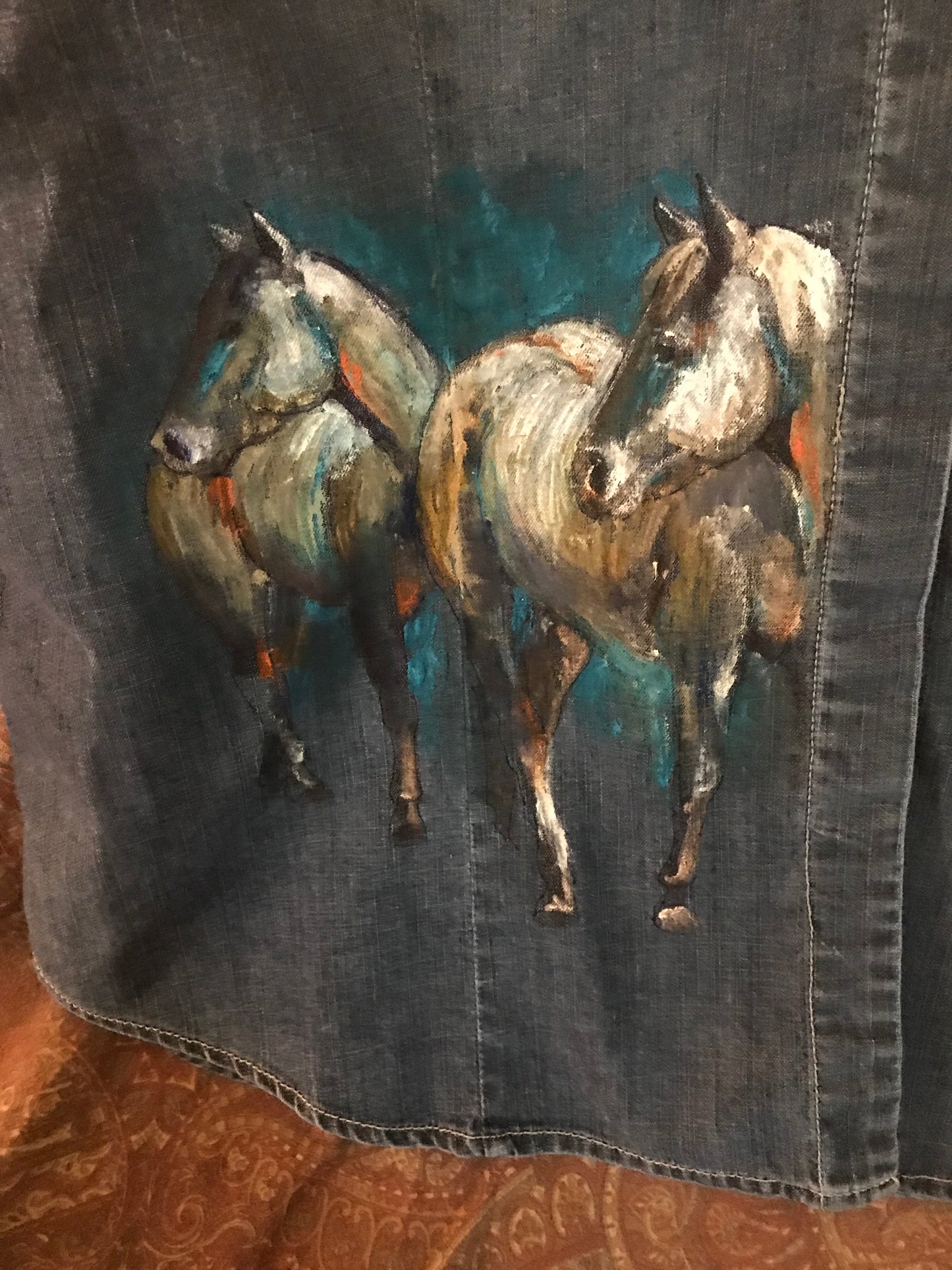 Unique Hand-Painted Denim Equestrian Shirt - Horses with Turquoise