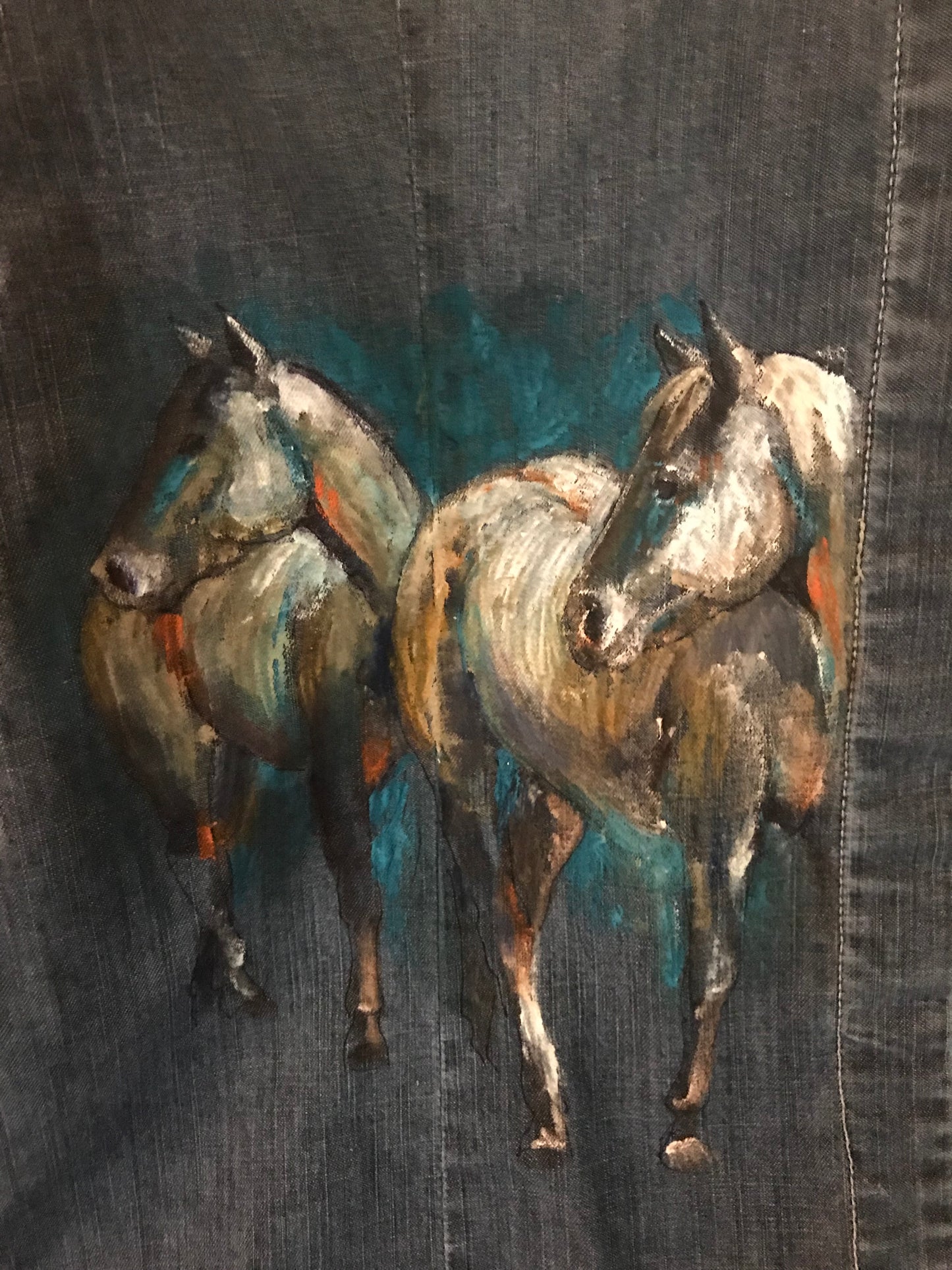 Unique Hand-Painted Denim Equestrian Shirt - Horses with Turquoise