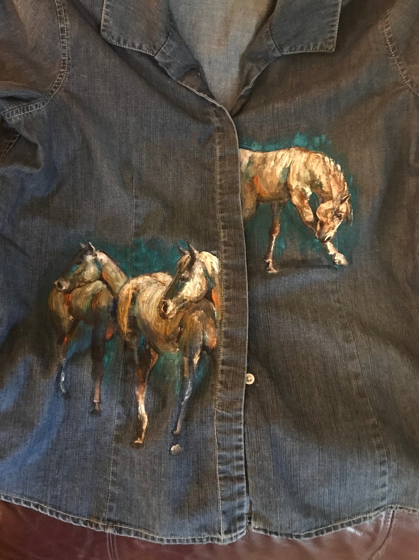 Unique Hand-Painted Denim Equestrian Shirt - Horses with Turquoise