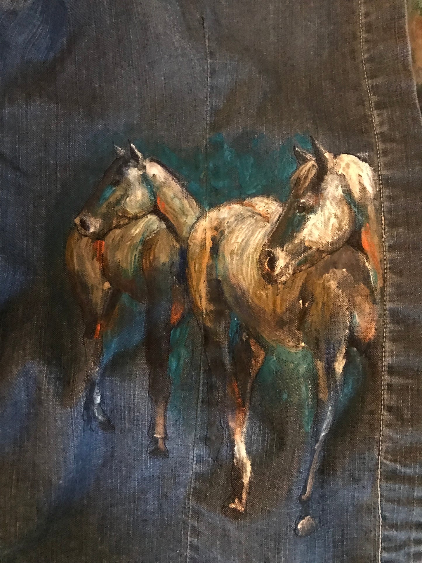 Unique Hand-Painted Denim Equestrian Shirt - Horses with Turquoise