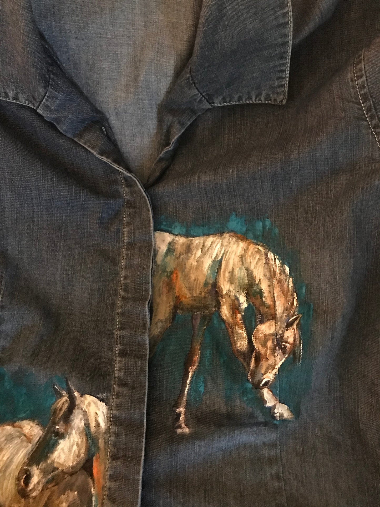 Unique Hand-Painted Denim Equestrian Shirt - Horses with Turquoise