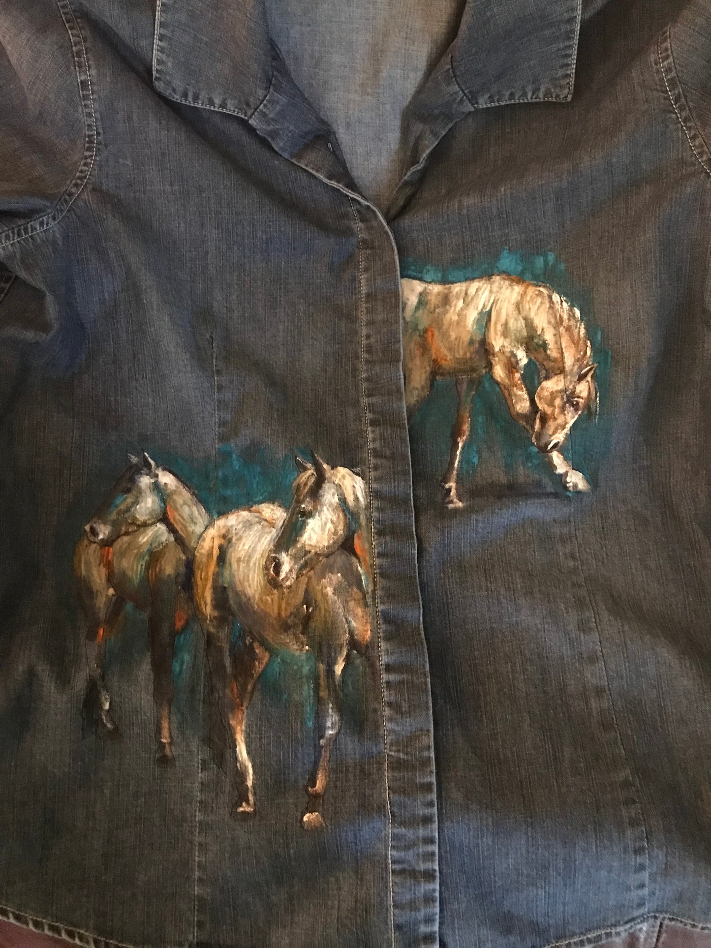 Unique Hand-Painted Denim Equestrian Shirt - Horses with Turquoise