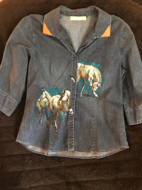 Unique Hand-Painted Denim Equestrian Shirt - Horses with Turquoise