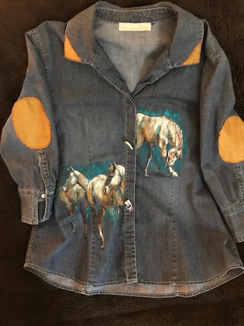 Unique Hand-Painted Denim Equestrian Shirt - Horses with Turquoise