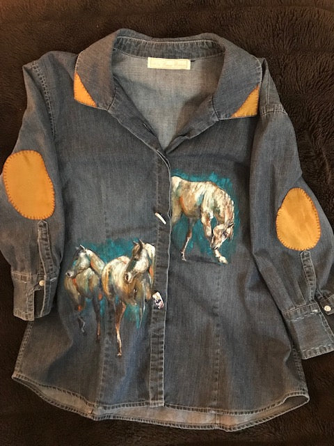 Unique Hand-Painted Denim Equestrian Shirt - Horses with Turquoise