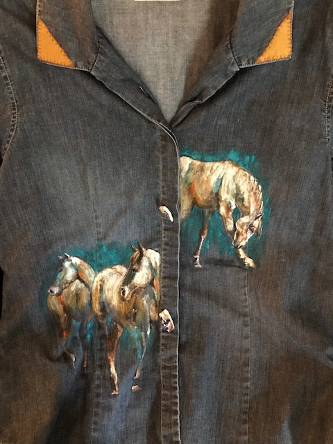 Unique Hand-Painted Denim Equestrian Shirt - Horses with Turquoise