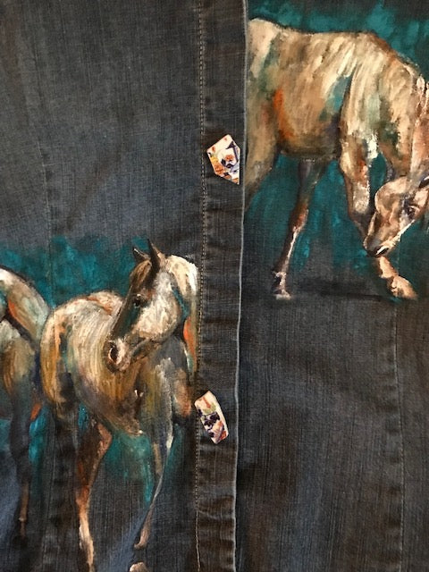 Unique Hand-Painted Denim Equestrian Shirt - Horses with Turquoise