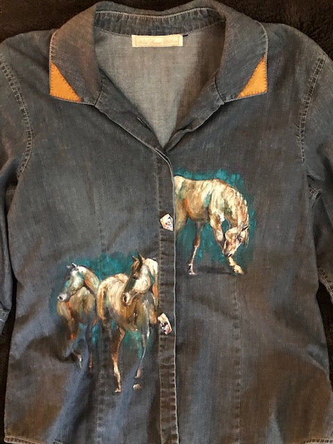 Unique Hand-Painted Denim Equestrian Shirt - Horses with Turquoise