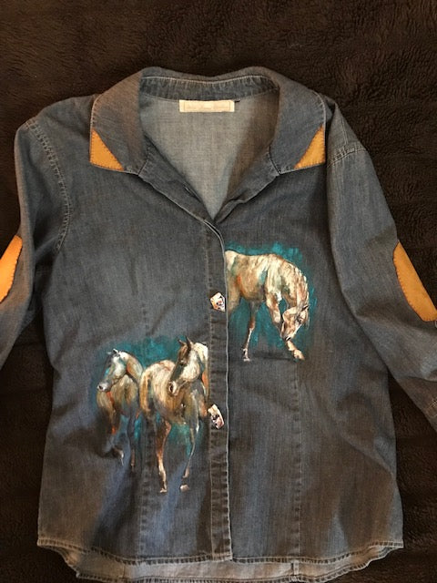 Unique Hand-Painted Denim Equestrian Shirt - Horses with Turquoise