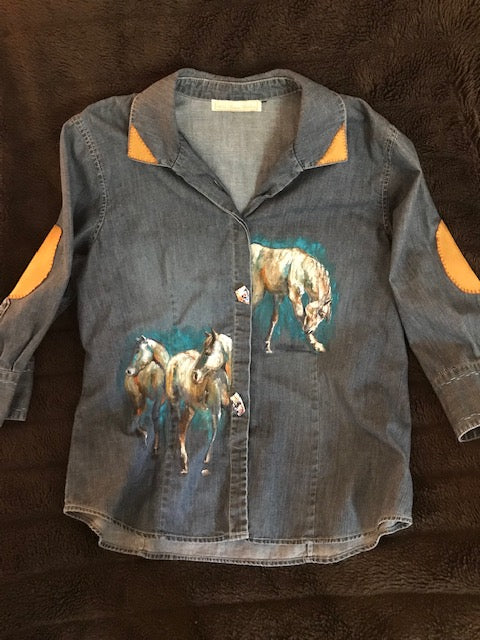 Unique Hand-Painted Denim Equestrian Shirt - Horses with Turquoise