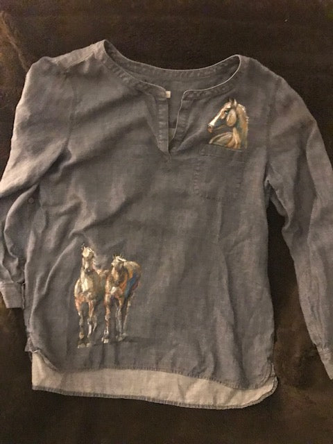 One-of-A-Kind Equestrian Shirt w/  Hand Painted Horses