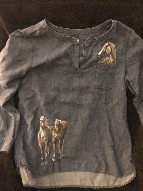 One-of-A-Kind Equestrian Shirt w/  Hand Painted Horses