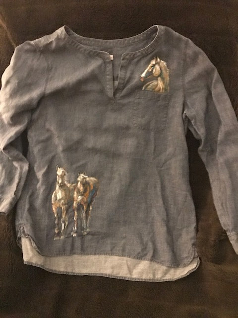 One-of-A-Kind Equestrian Shirt w/  Hand Painted Horses