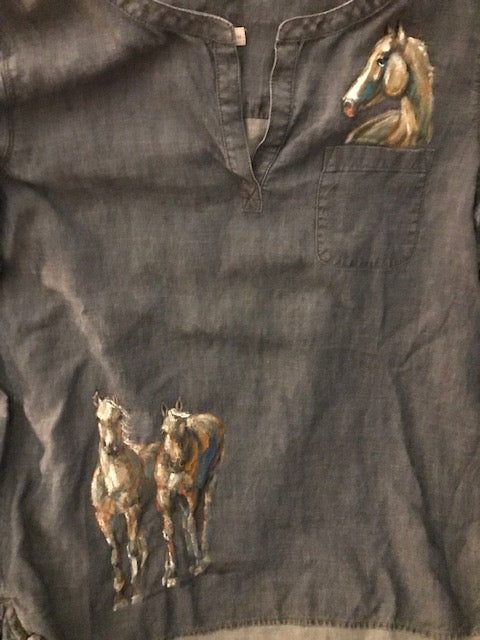 One-of-A-Kind Equestrian Shirt w/  Hand Painted Horses