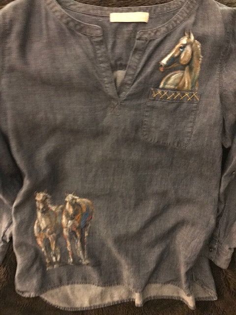 One-of-A-Kind Equestrian Shirt w/  Hand Painted Horses