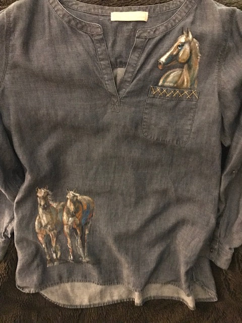 One-of-A-Kind Equestrian Shirt w/  Hand Painted Horses