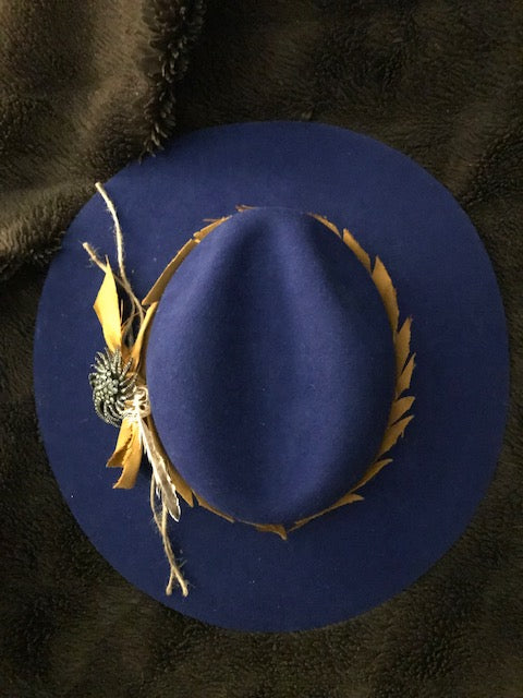 "The Hip Royal Blue Beauty" w/ Golden Suede Hatband & Vintage Brooch Adornment