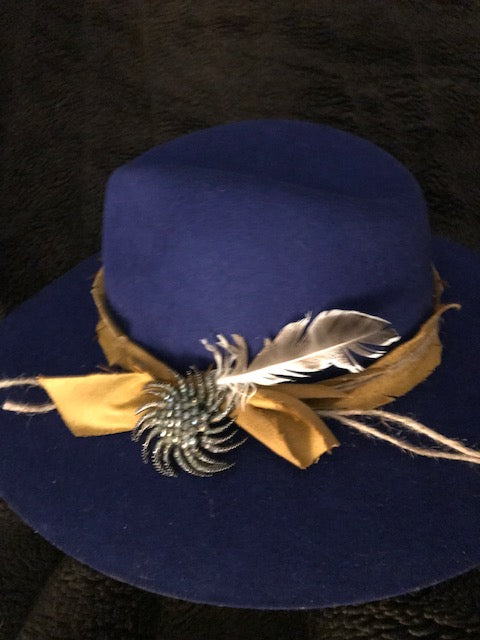 "The Hip Royal Blue Beauty" w/ Golden Suede Hatband & Vintage Brooch Adornment