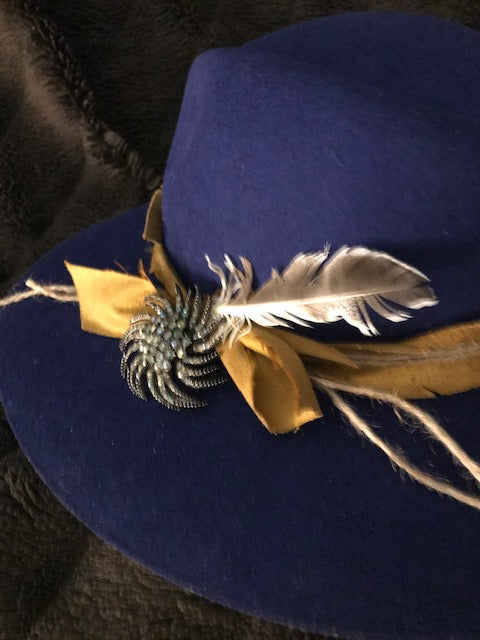 "The Hip Royal Blue Beauty" w/ Golden Suede Hatband & Vintage Brooch Adornment