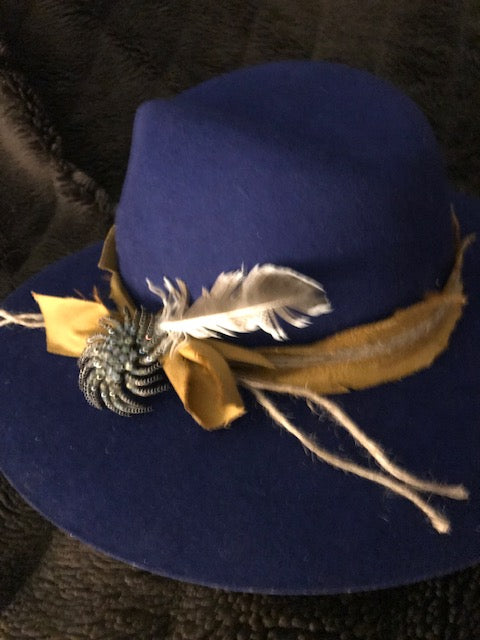 "The Hip Royal Blue Beauty" w/ Golden Suede Hatband & Vintage Brooch Adornment