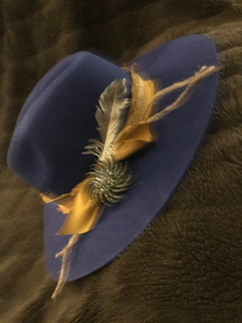 "The Hip Royal Blue Beauty" w/ Golden Suede Hatband & Vintage Brooch Adornment