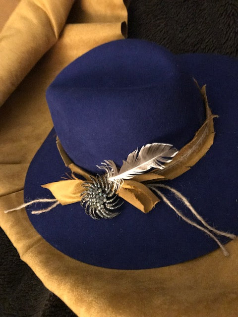 "The Hip Royal Blue Beauty" w/ Golden Suede Hatband & Vintage Brooch Adornment