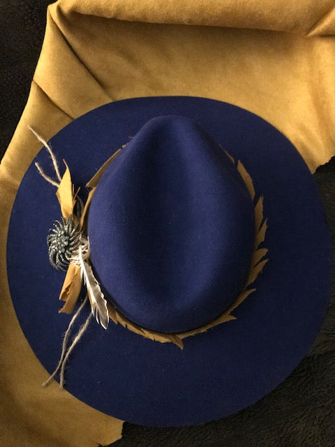 "The Hip Royal Blue Beauty" w/ Golden Suede Hatband & Vintage Brooch Adornment